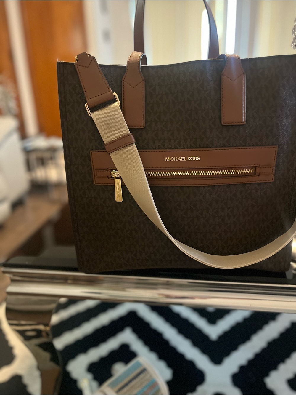 Michael Kors Brown MK Monogram Messenger Tote with Beige Strap